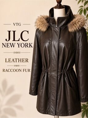 JLC New York Women's Dark Brown Leather Jacket with Raccoon Fur Hood